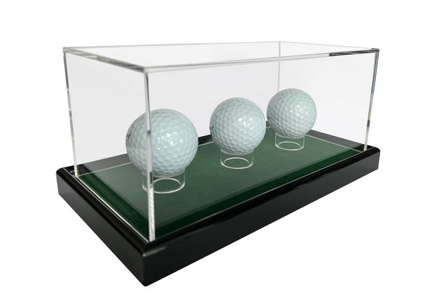 Große Golfball Acryl Vitrine / Showcase mit dunkelgrünen Samt